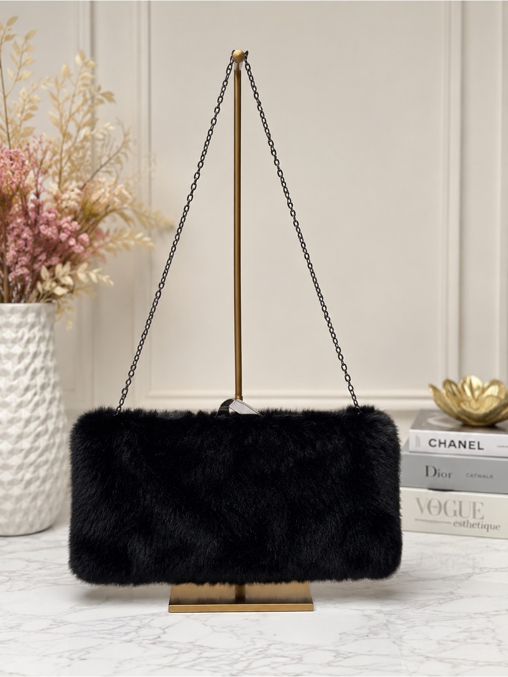 Black Faux Fur Clutch Purse Chain Strap Magnetic Closure Evening Bag